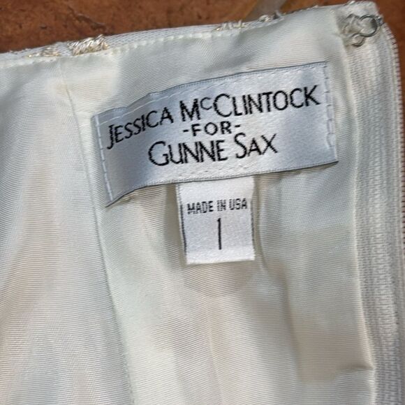 Jessica McClintock Gunne Sax Strapless Embroidered Gold Lace Satin Maxi Dress 1 - Picture 7 of 12